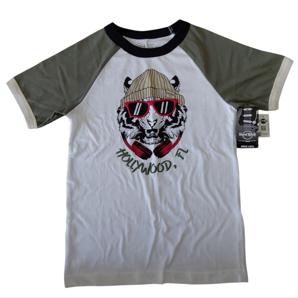 Hard Rock CafeHotel Hollywood FL Shirt White/green Tiger Headphones Boys M